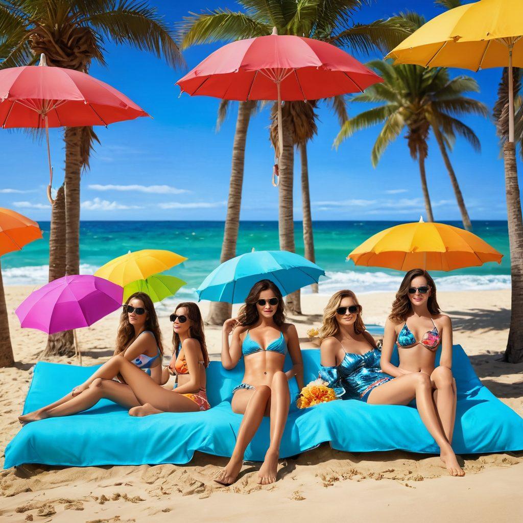 A vibrant beach scene showcasing diverse models in stylish bikinis, lounging under colorful umbrellas, with waves gently crashing in the background. Include a vintage film reel subtly integrated in the sand, symbolizing beach movies. The setting is sunlit with vivid blue skies and palm trees swaying, capturing a sense of summer joy and fashion flair. Bright colors, playful elements, and a lively atmosphere. super-realistic. vibrant colors. 3D.