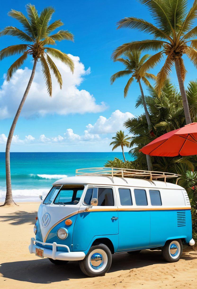A vibrant beach scene featuring a classic vintage van parked on the sand, surrounded by palm trees, with a large screen showing iconic beach movie scenes. Add colorful beach umbrellas and people enjoying the sun, while waves crash in the background. The sky is a bright blue with fluffy white clouds. super-realistic. vibrant colors. 3D.