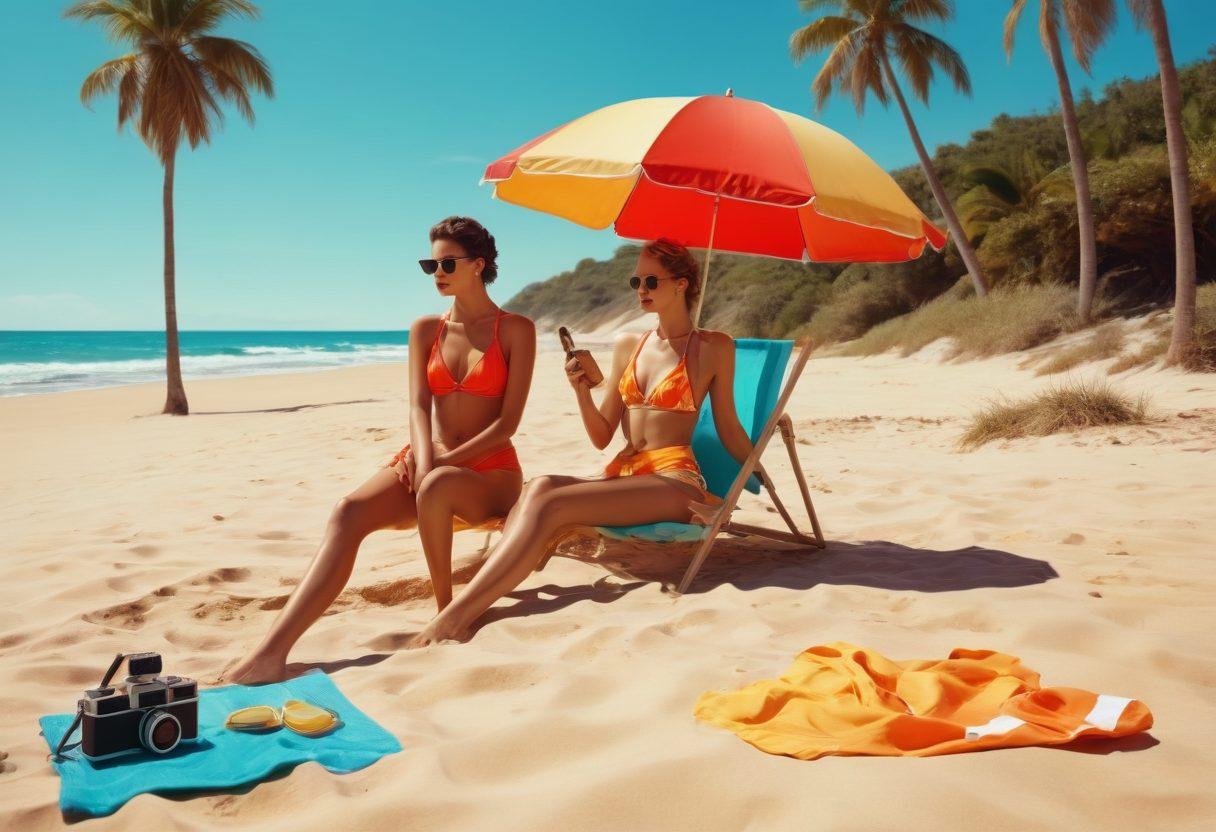A vibrant beach scene showcasing models in stylish swimwear with a film set in the background, capturing the essence of summer movies. Include elements like beach umbrellas, a classic film camera, and sun-soaked sand, evoking a warm, fun atmosphere. Emphasize the blend of fashion and cinema with bright colors and playful details. Art style: super-realistic, vibrant colors.